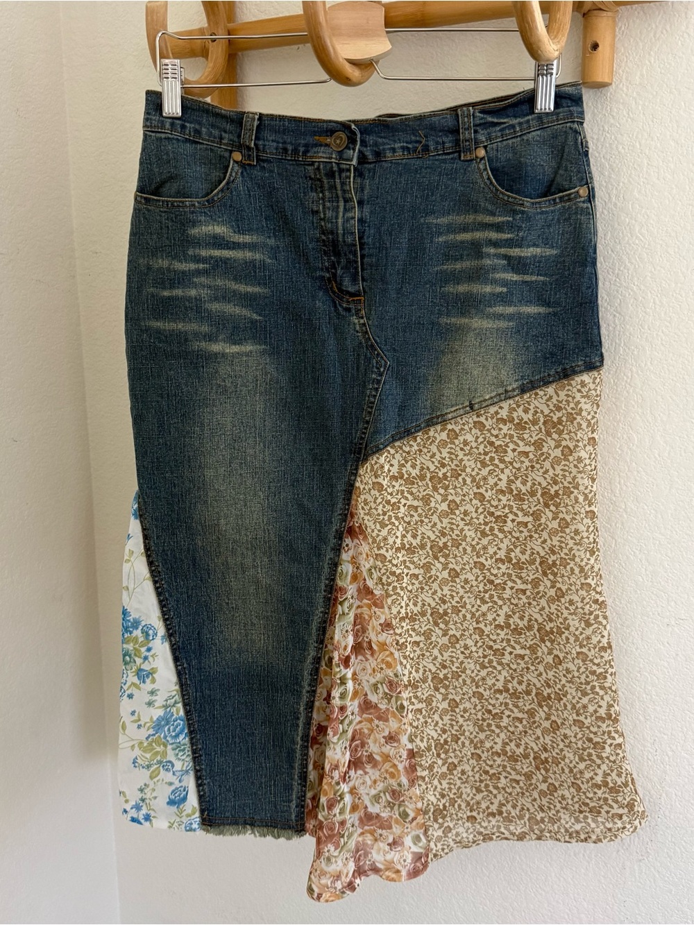 Y2K Vintage fairy boho patchwork denim midi maxi asymmetrical skirt size M